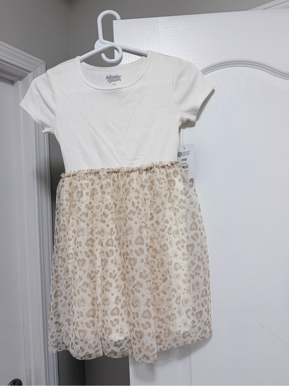 wonder nation Cream Short-Sleeve Dress with Beige Leopard Tulle Skirt